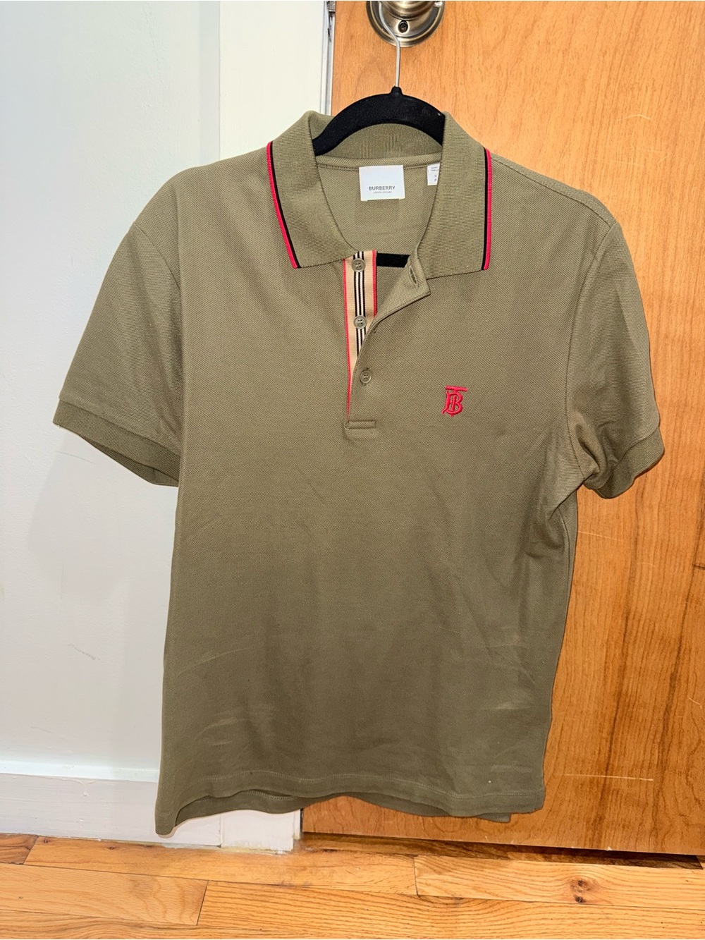 Burberry Olive Green Polo with Red Accents